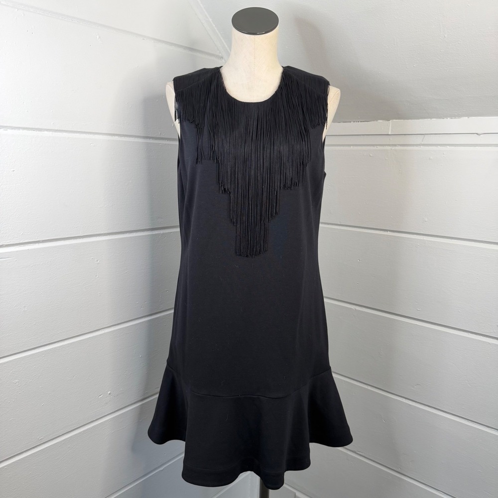 BCBGMAXAZRIA Alyn Fringe Dress LARGE Black‎ Flounce Hem A Line NEW